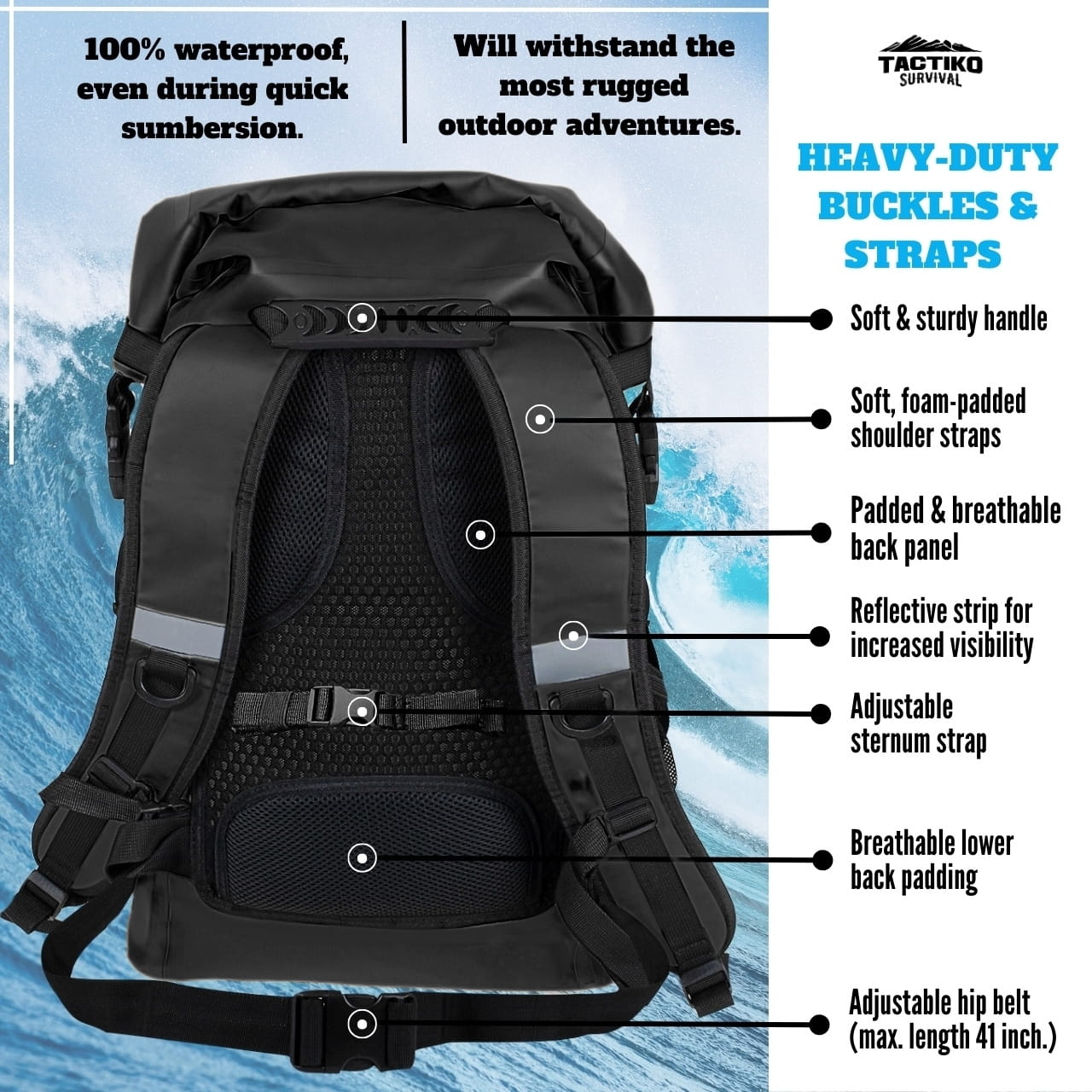 black waterproof dry bag with padded straps and back panel