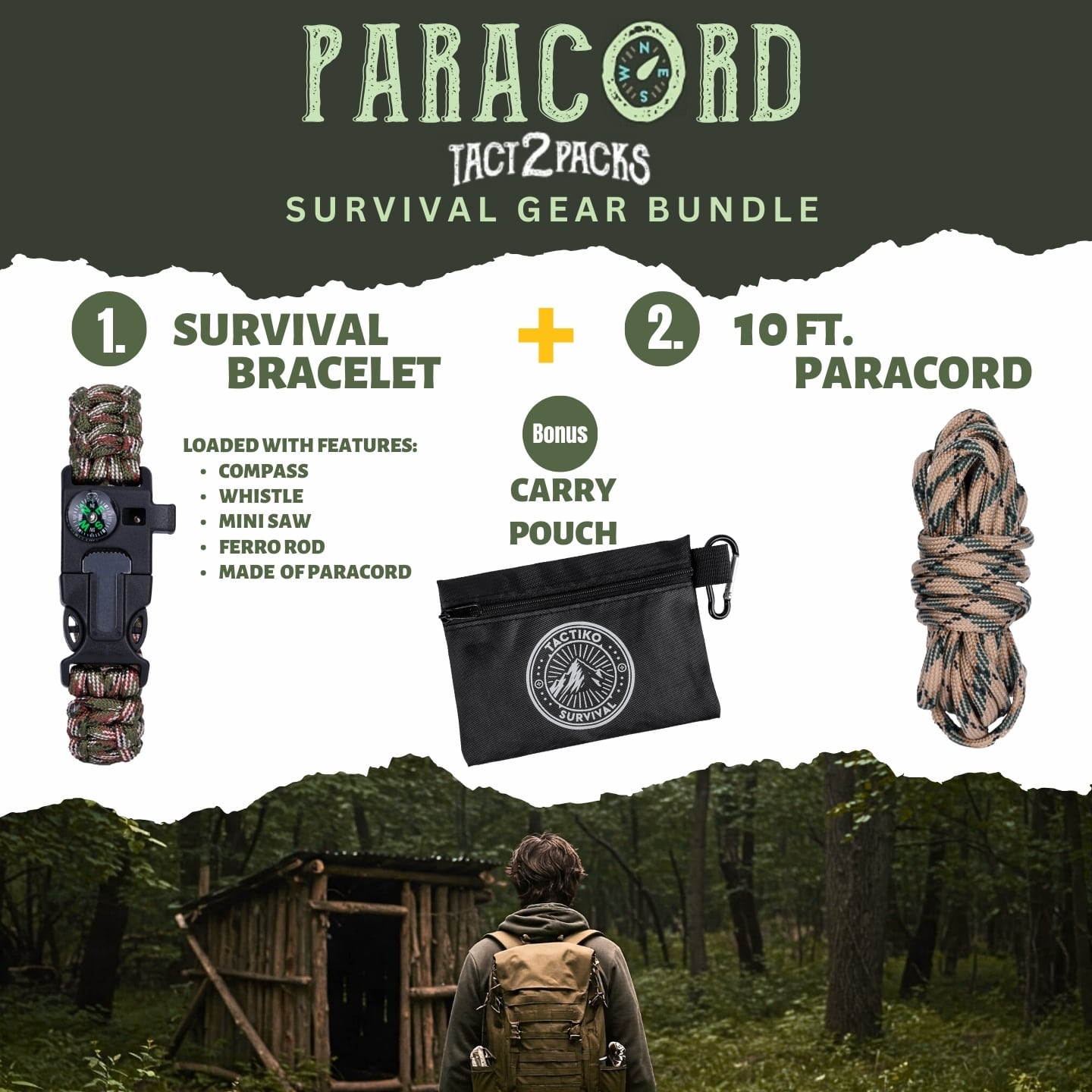 Paracord survival kit with bracelet and rope