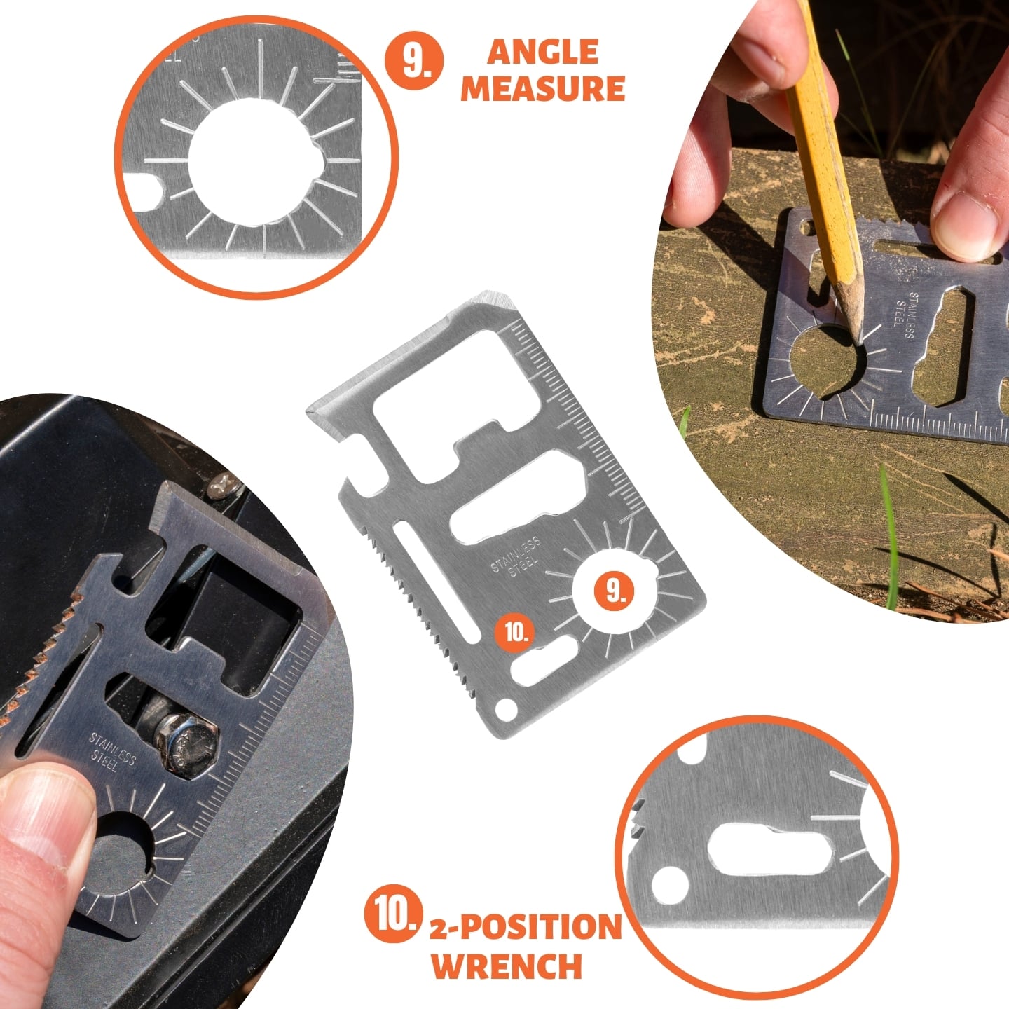 Multitool card with angle measure and wrench