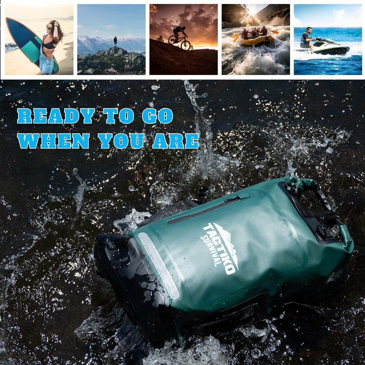 Green Tactiko floating dry bag for outdoor adventures