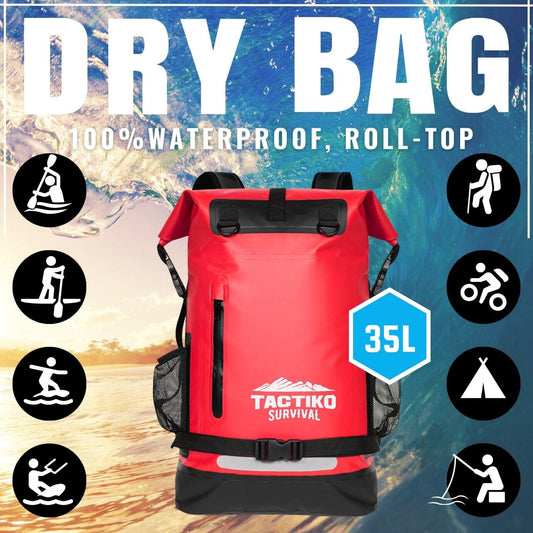 Red Tactiko 35L waterproof dry backpack outdoors