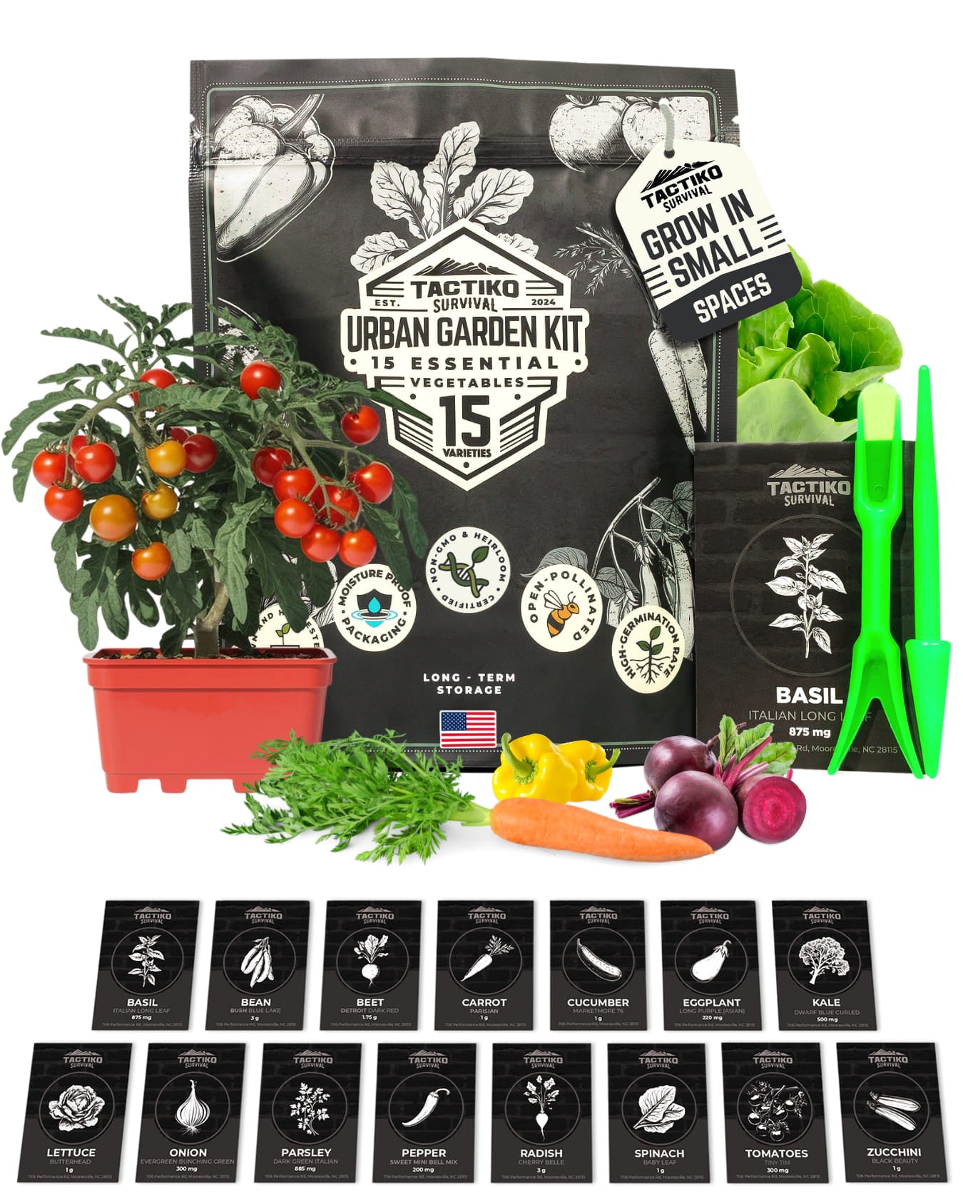 urban garden kit with vegetable seeds and tools