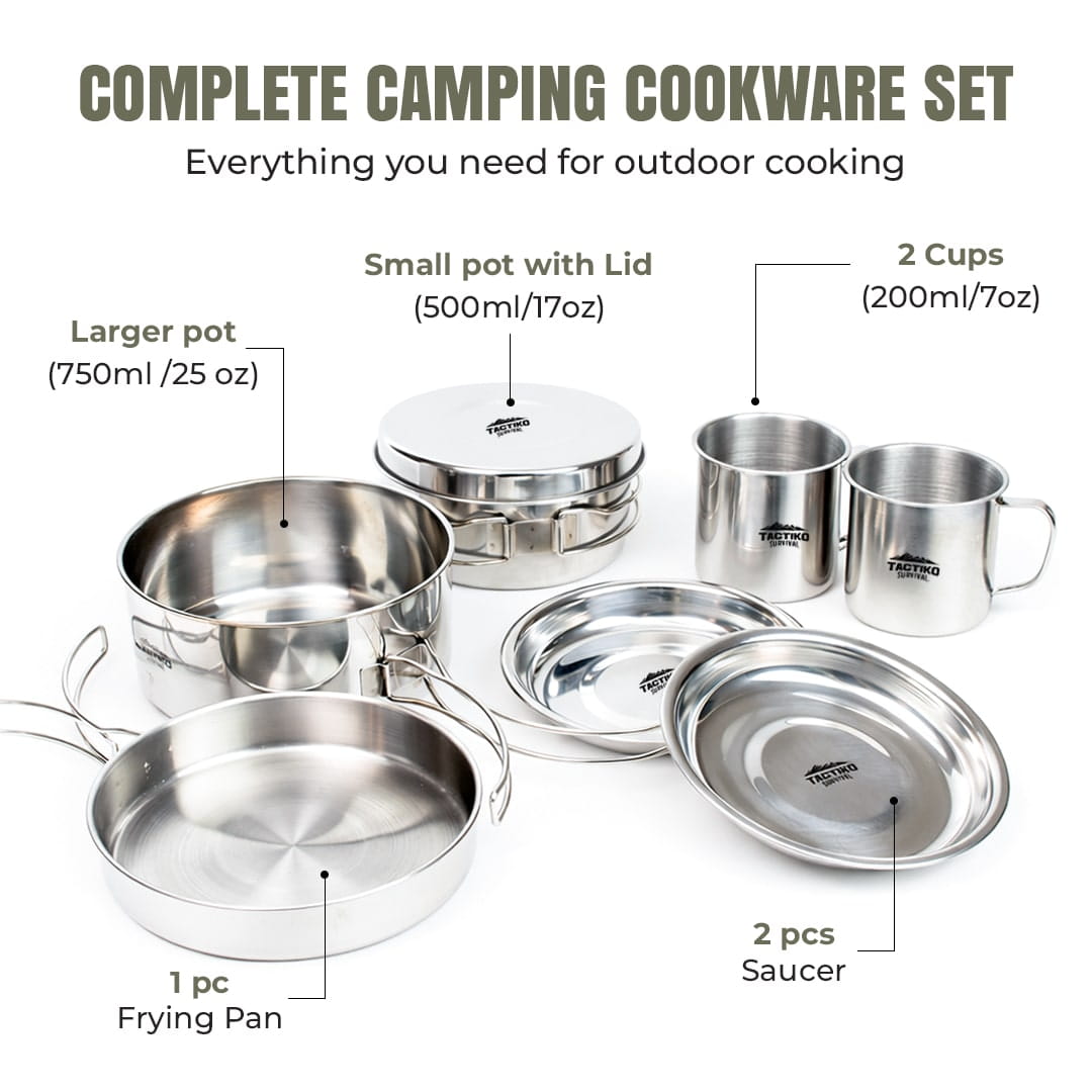 Camping cookware set with pots cups and pan