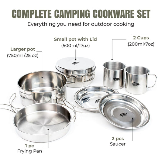 Camping cookware set with pots cups and pan