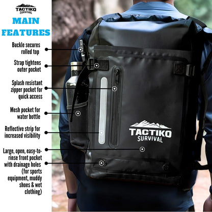 black waterproof dry bag backpack with main features shown