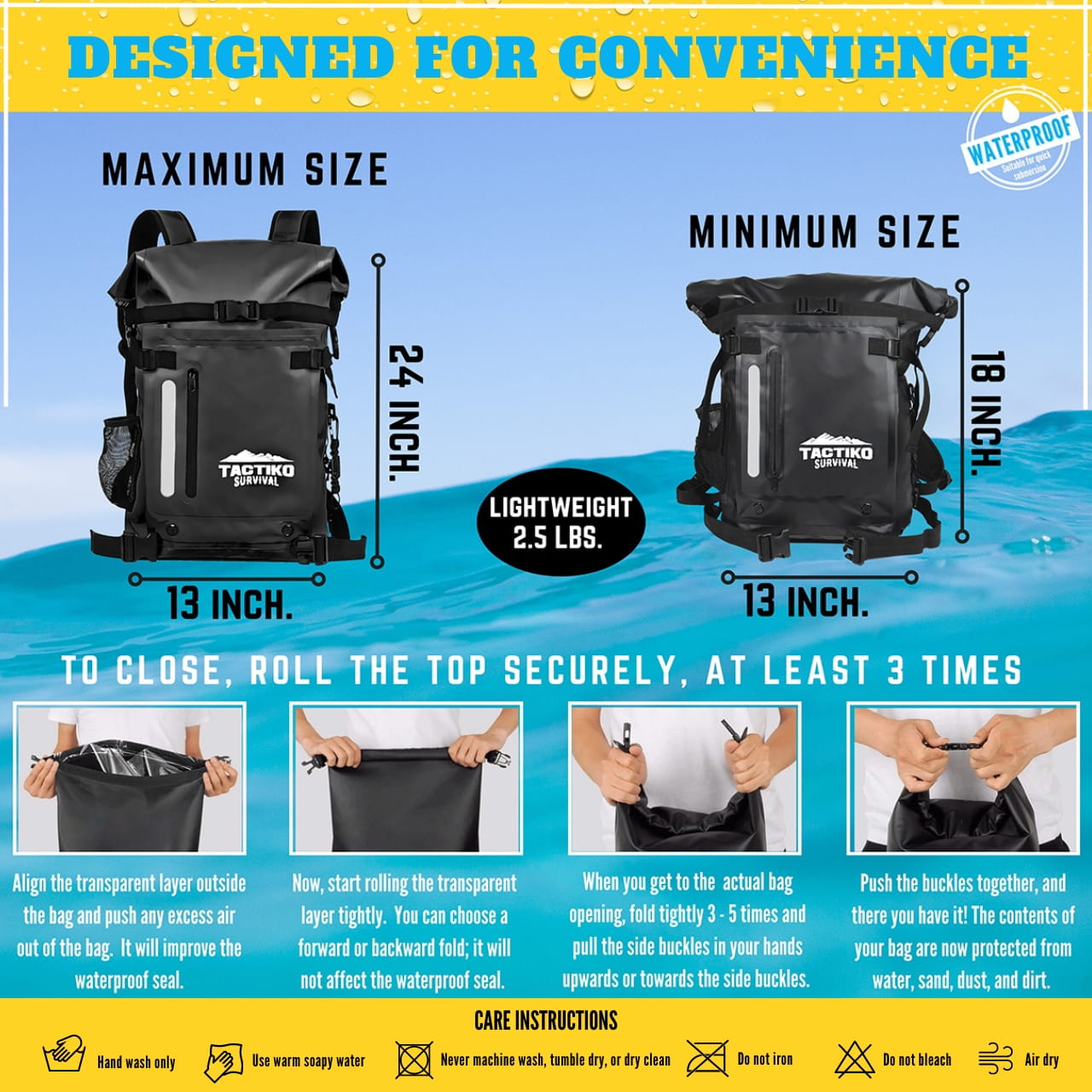 black waterproof dry bag size comparison and roll top closure