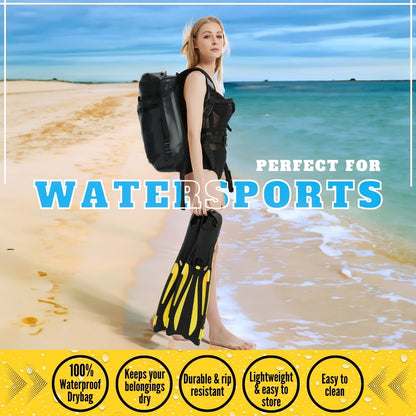 black waterproof dry bag backpack for watersports at the beach