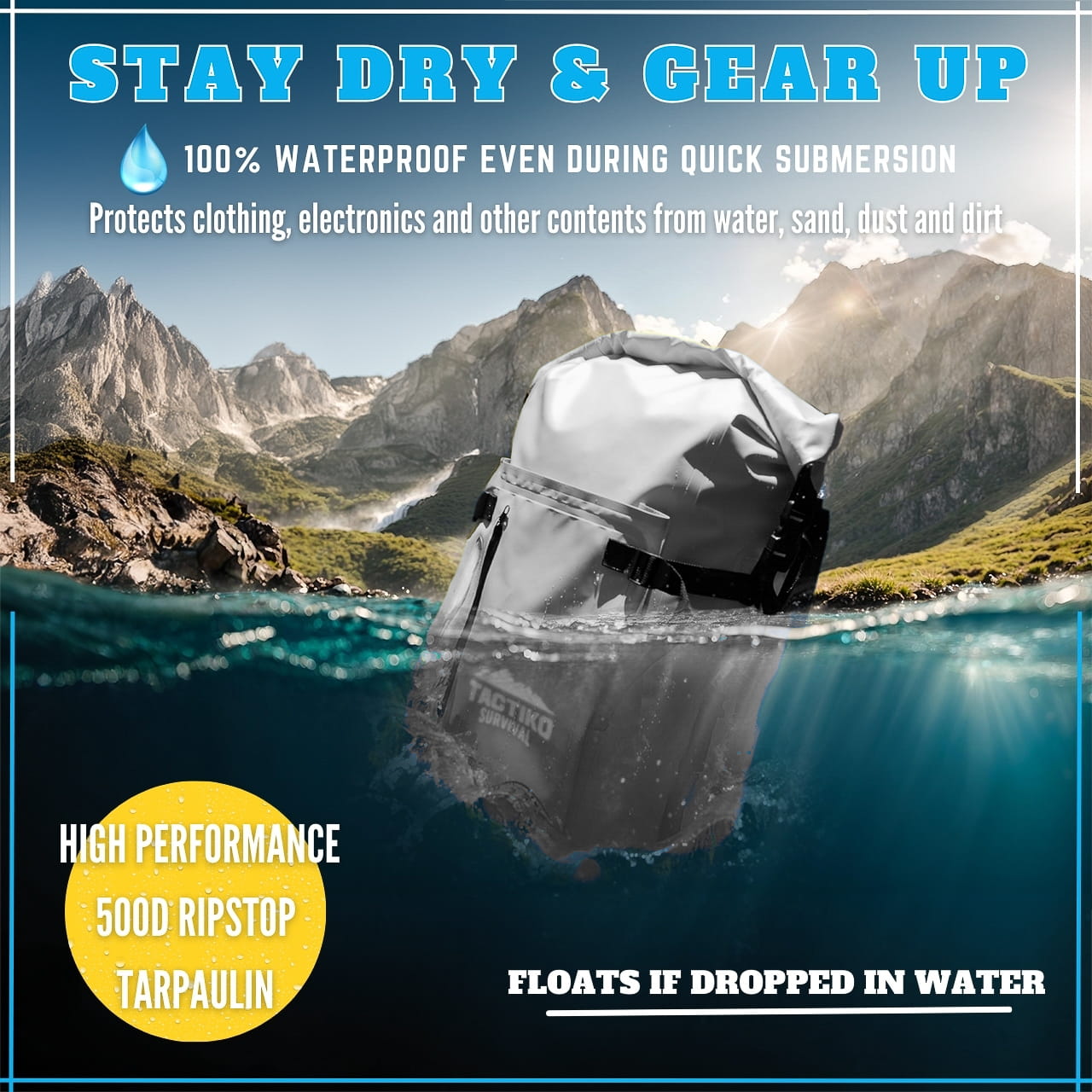 waterproof dry bag floating in water with ripstop material
