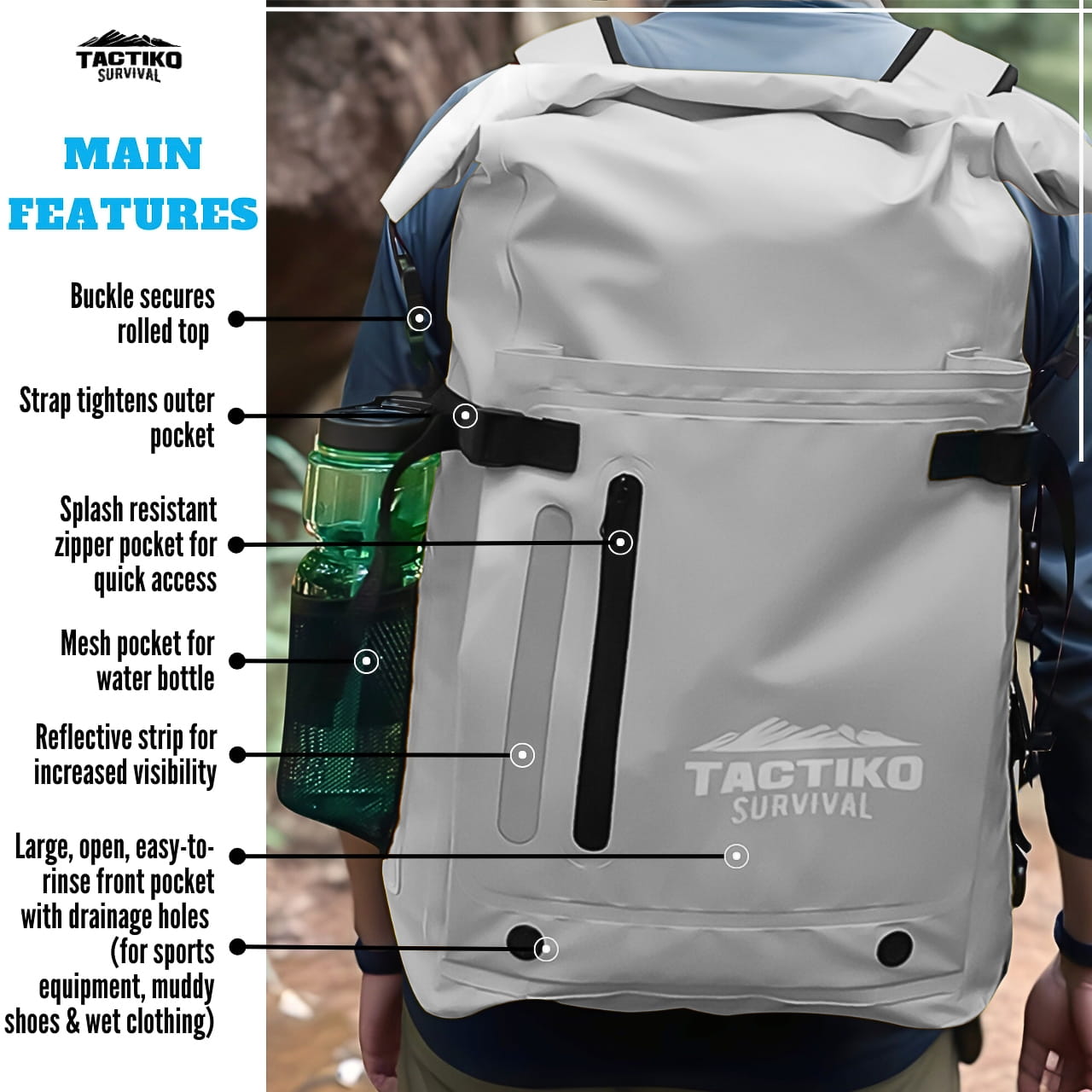 waterproof dry bag backpack with main features and storage pockets