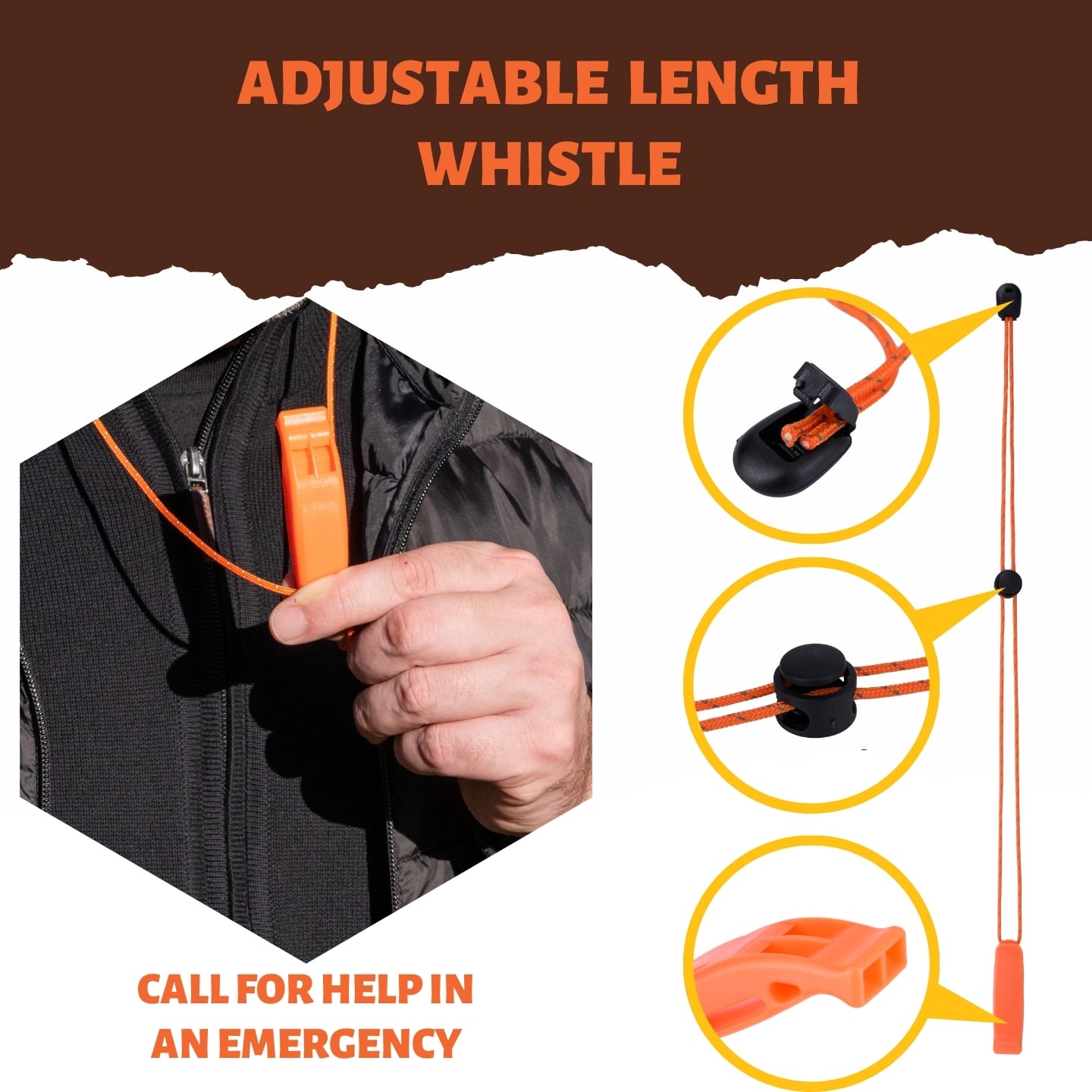 Adjustable emergency whistle with lanyard