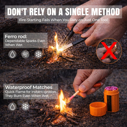 ferro rod and waterproof matches starting fire