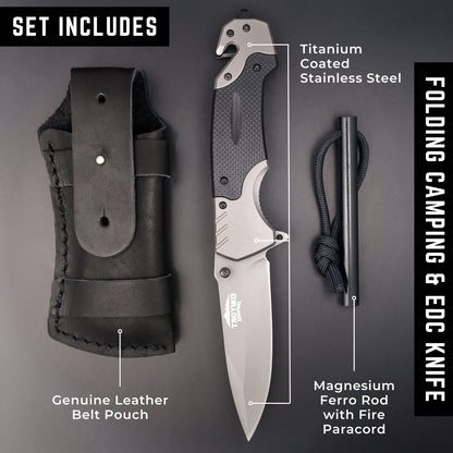 Folding camping knife with fire starter set