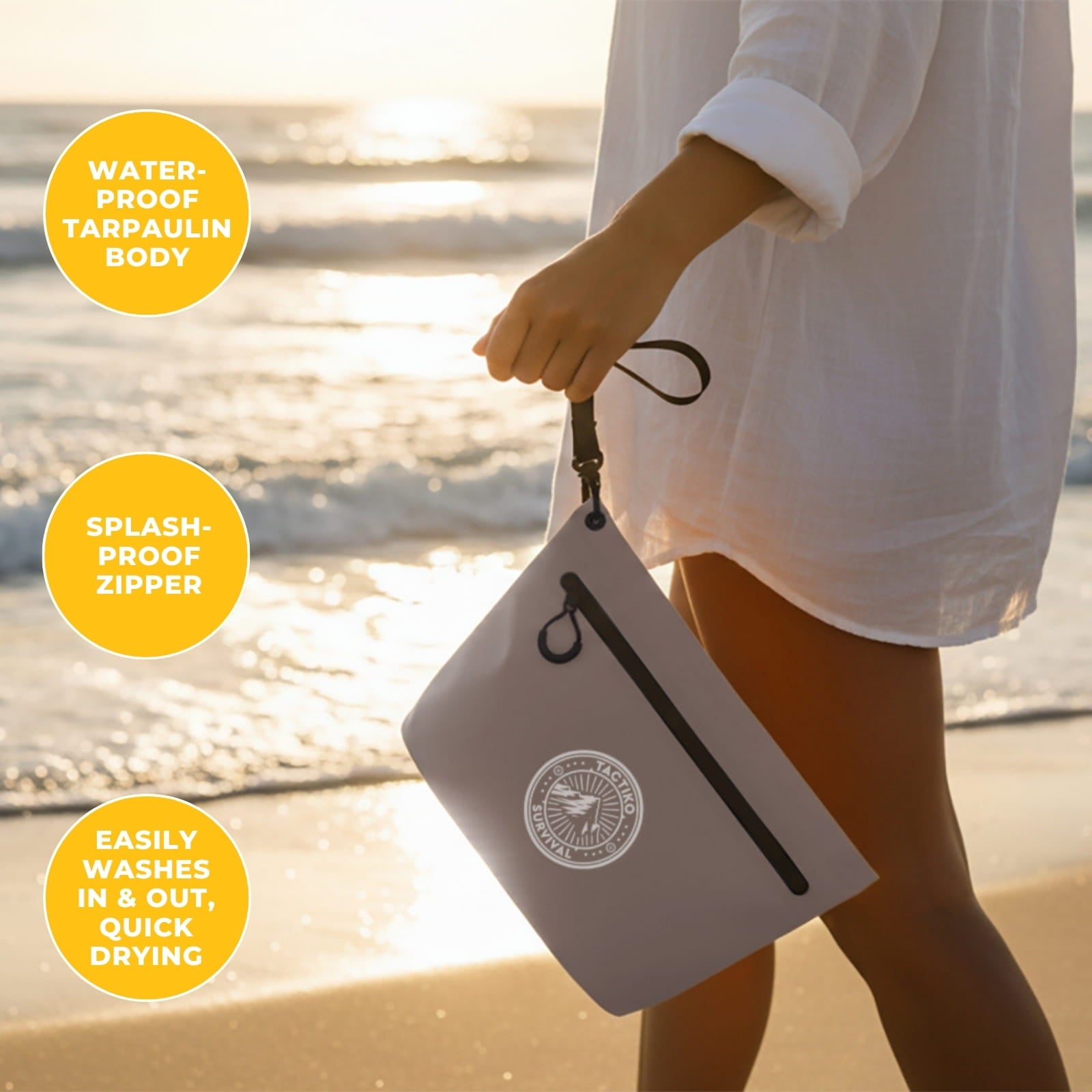 Gray waterproof pouch at beach