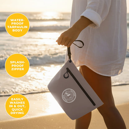 Gray waterproof pouch at beach