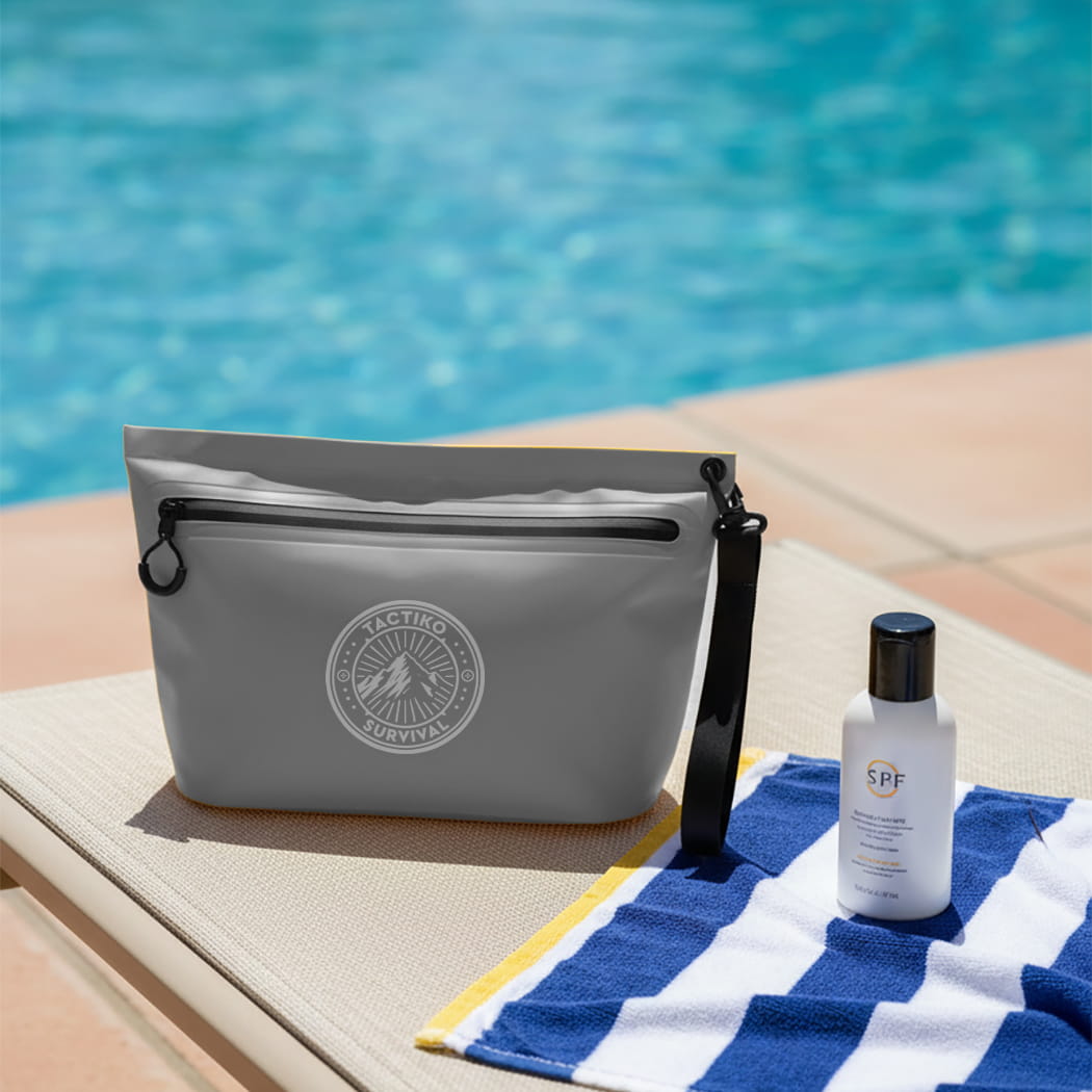Gray waterproof pouch by poolside