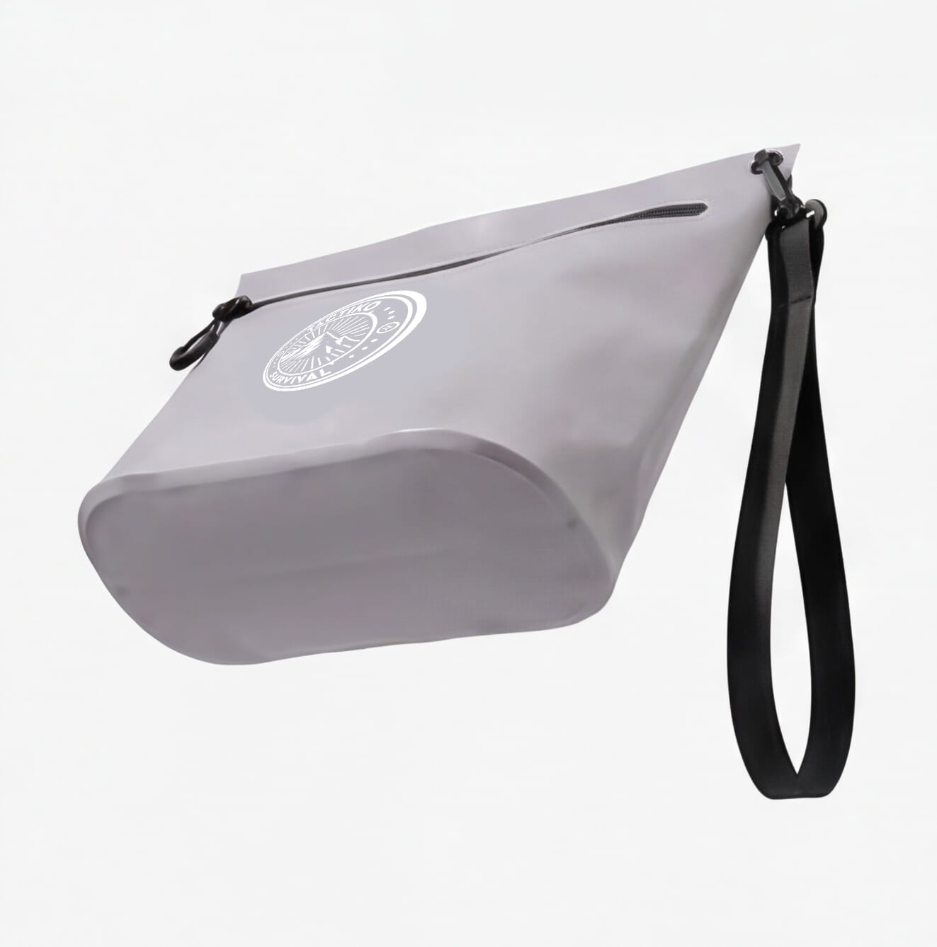 Gray waterproof pouch angled view