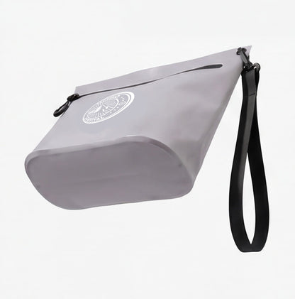 Gray waterproof pouch angled view