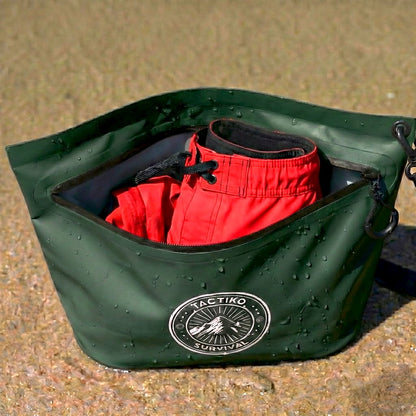 Green waterproof pouch with wet clothes