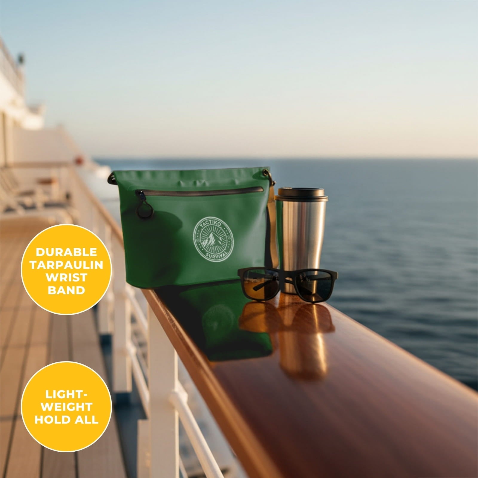 Green waterproof pouch on boat railing