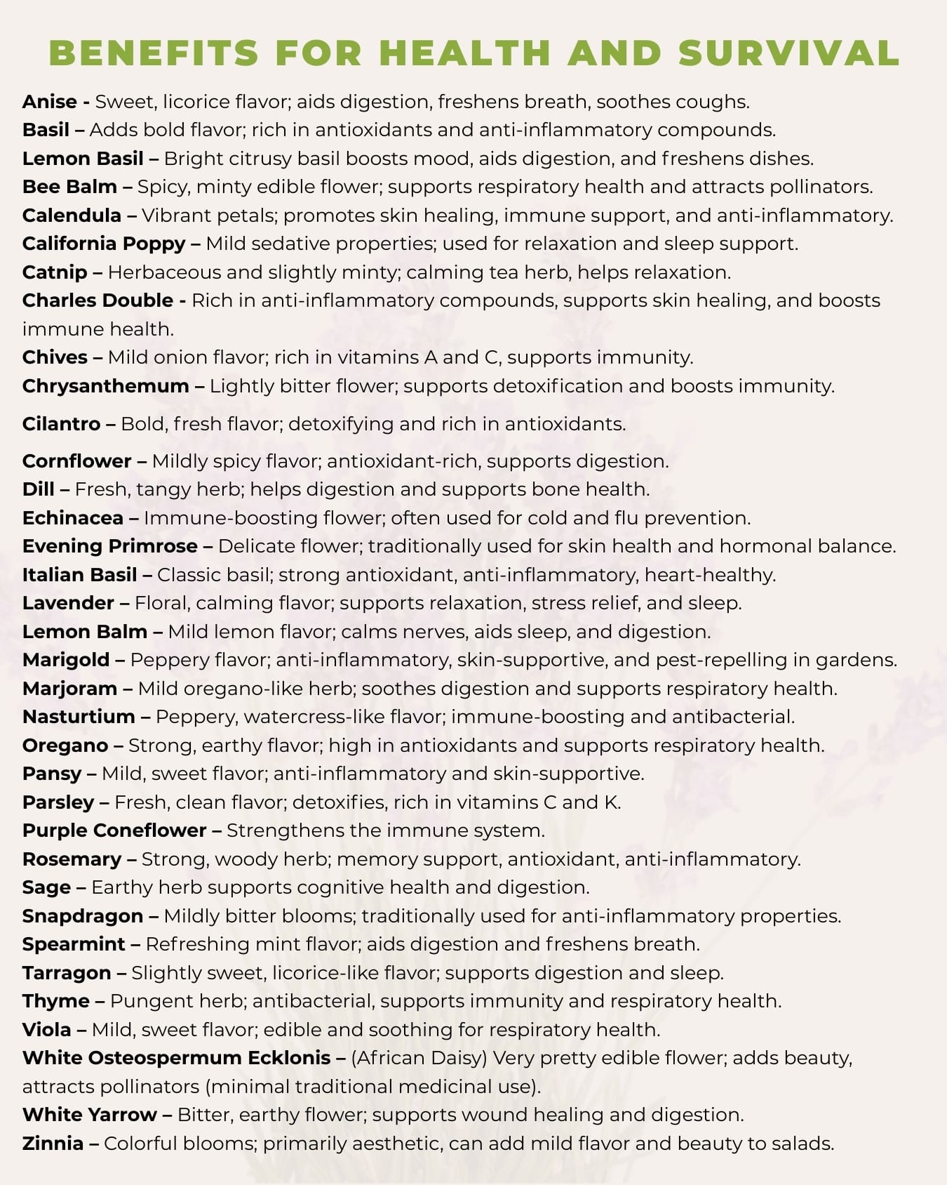 herb health benefits list