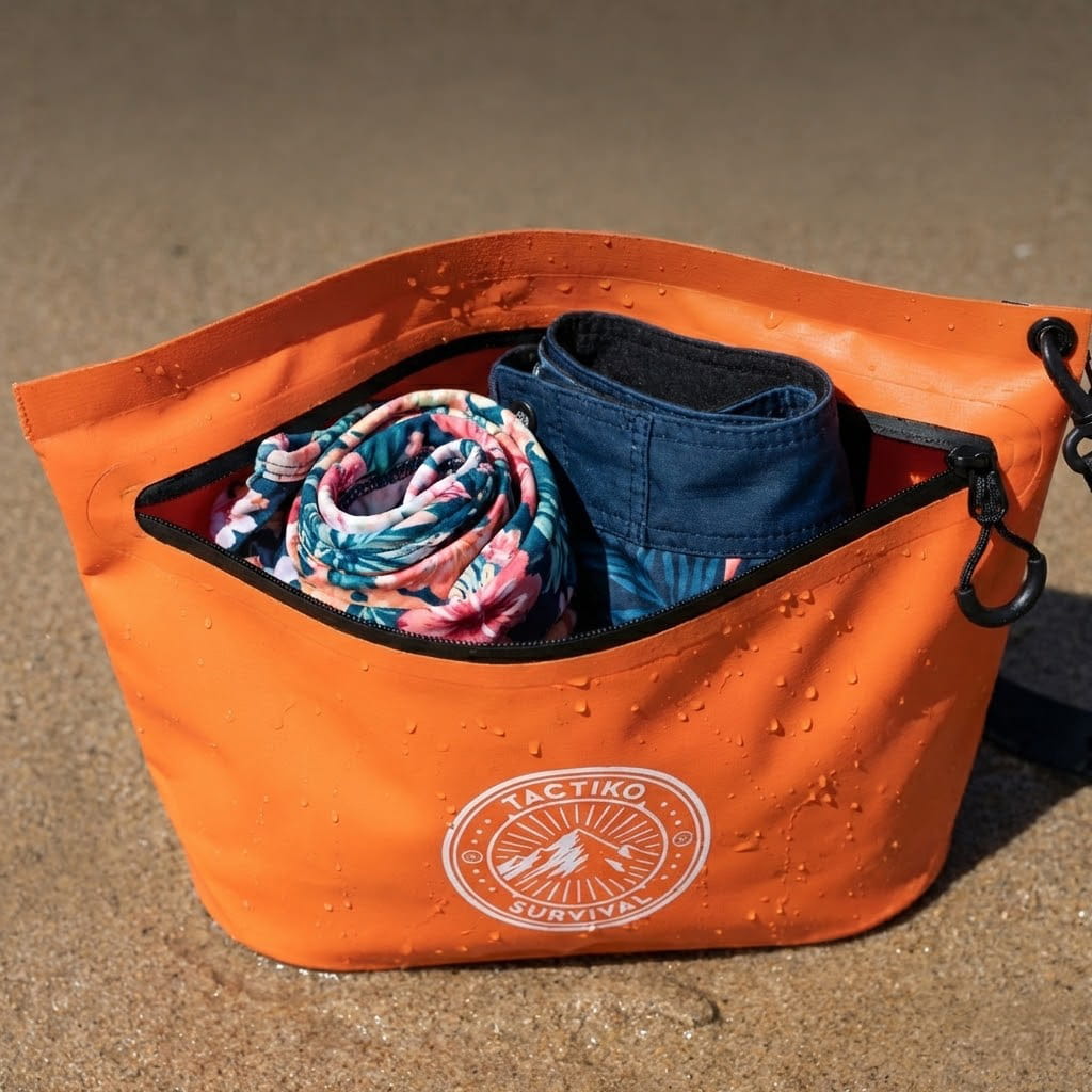 Orange waterproof pouch with beachwear