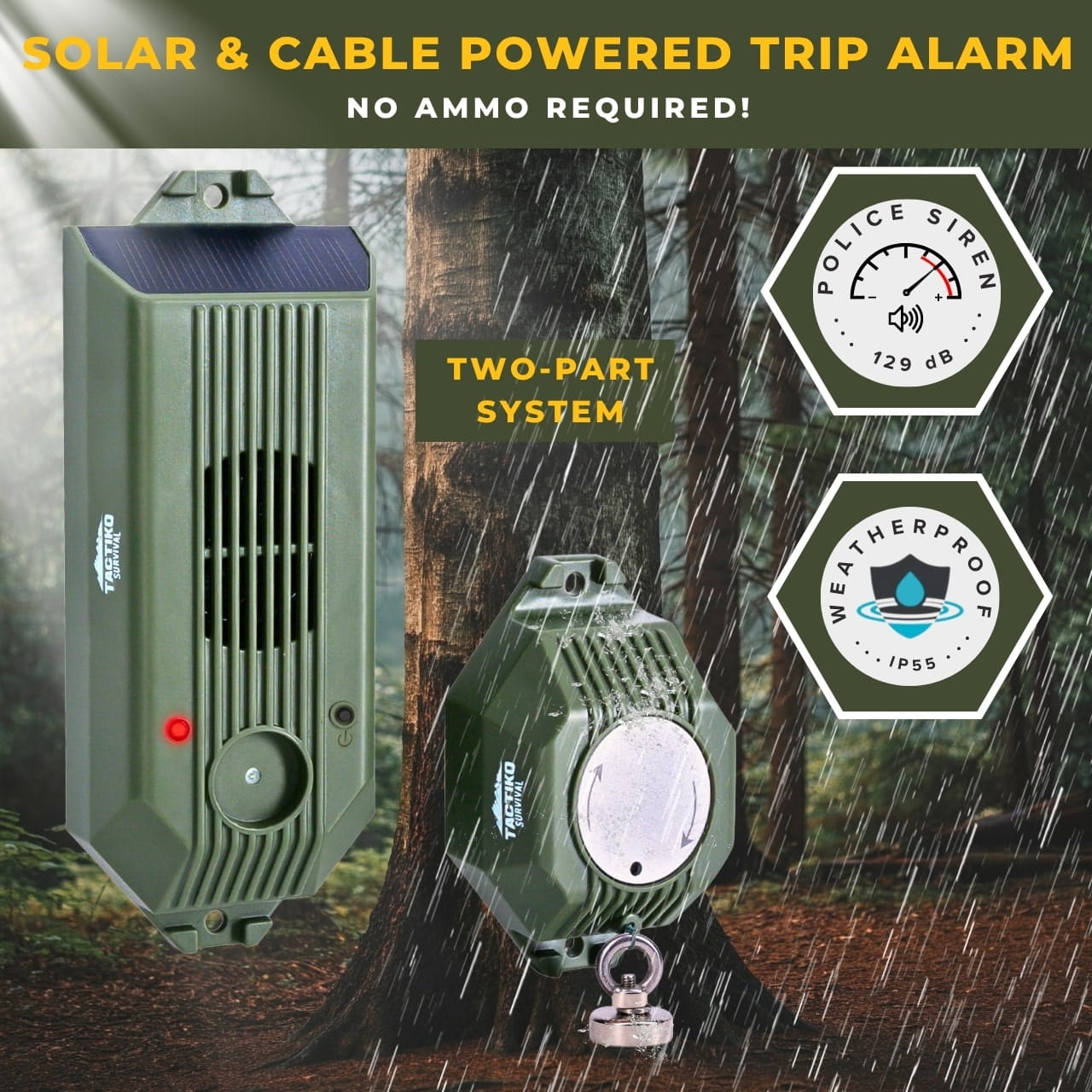 Weatherproof solar trip wire alarm with loud siren outdoors