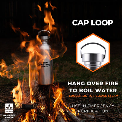 stainless steel bottle hanging over fire with cap loop