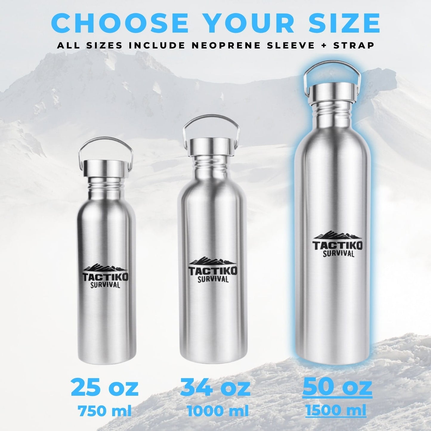 stainless steel bottles in multiple sizes