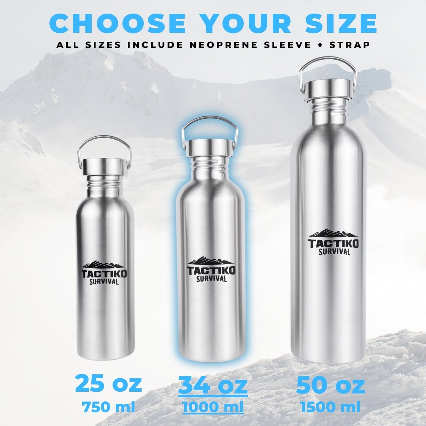 stainless steel bottles in 3 sizes