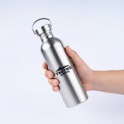 hand holding stainless steel water bottle