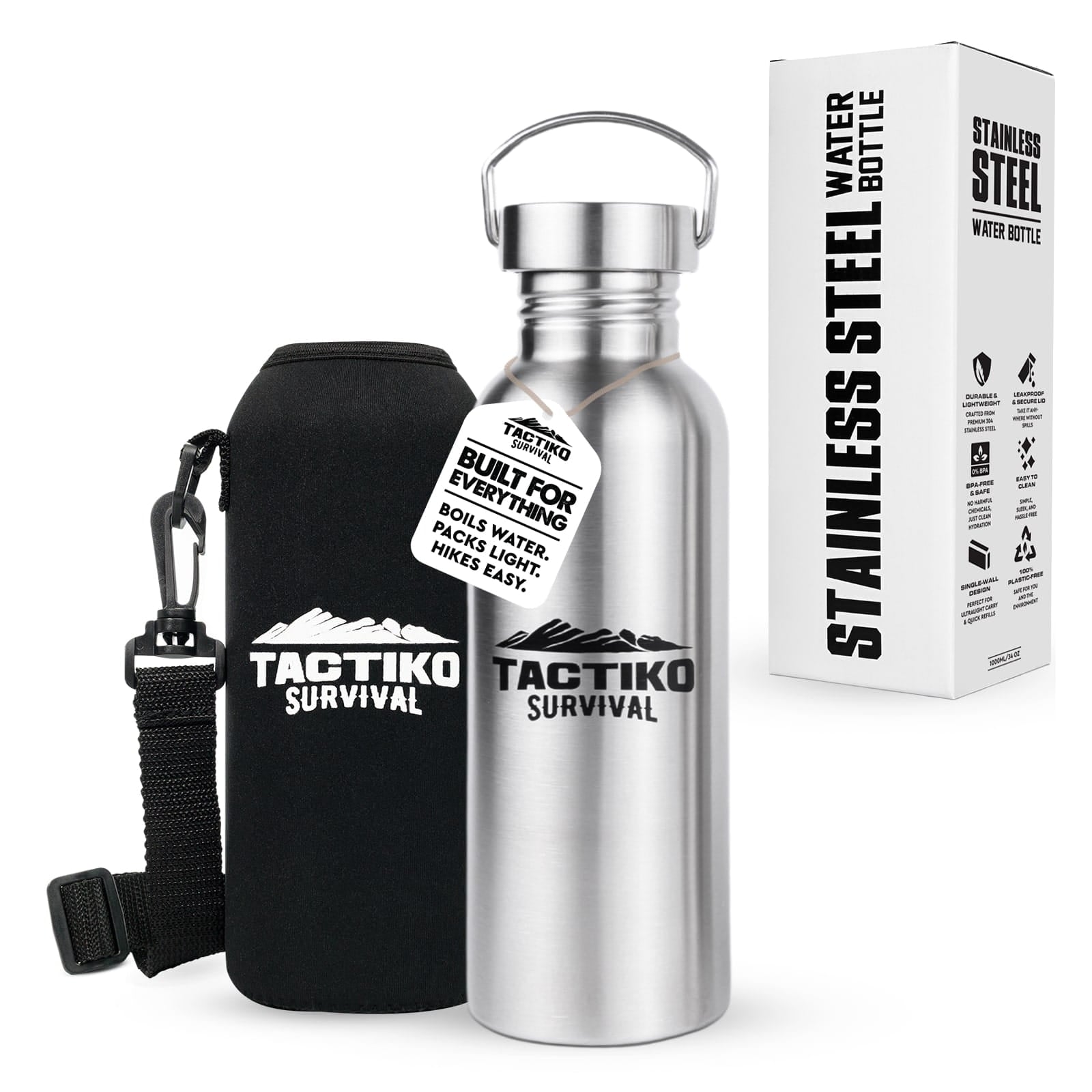 stainless steel water bottle with black sleeve and strap