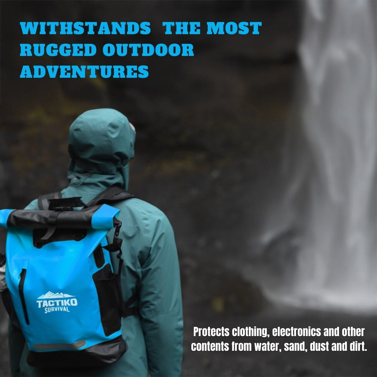Blue Tactiko dry backpack at waterfall hike