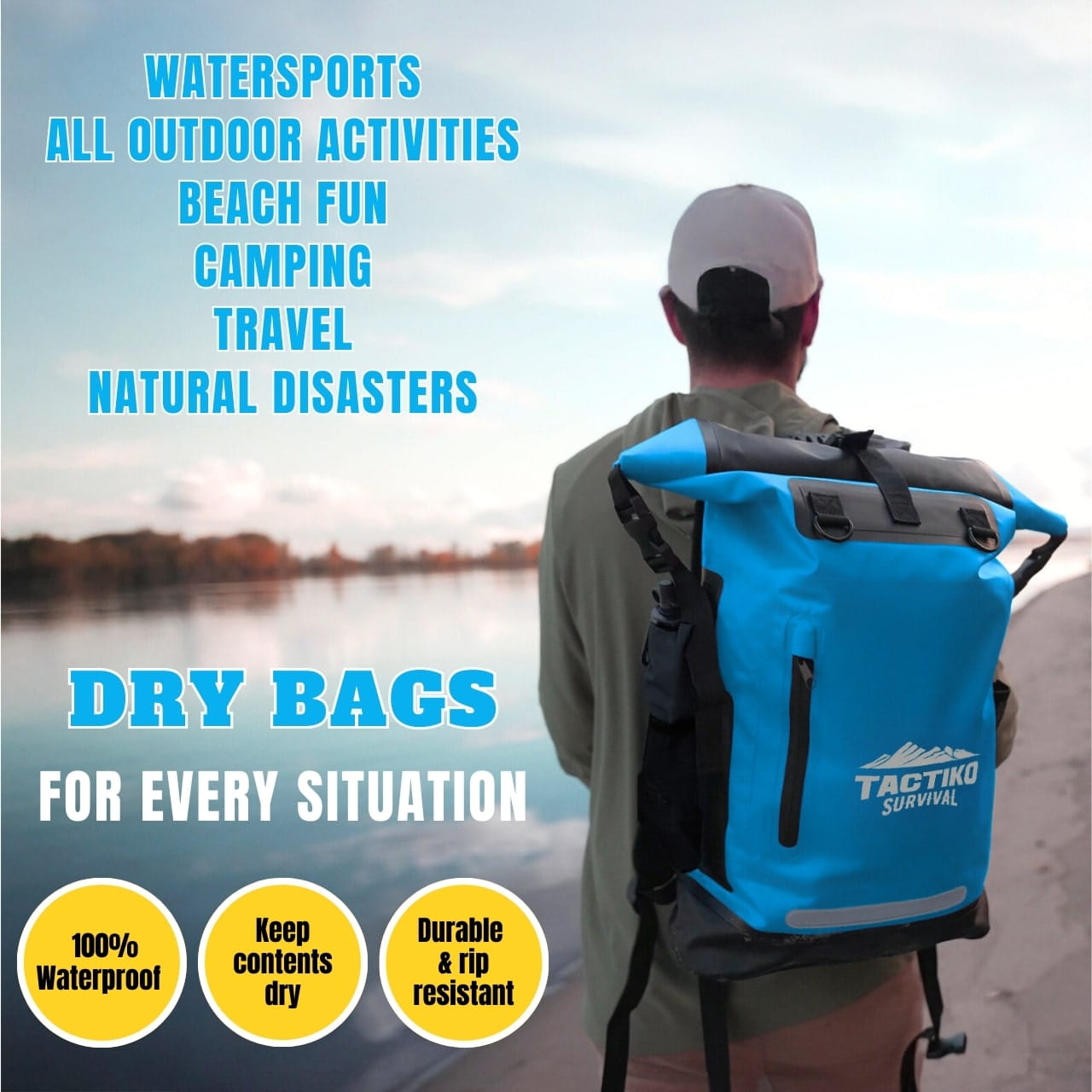 Blue Tactiko dry backpack for watersports and camping