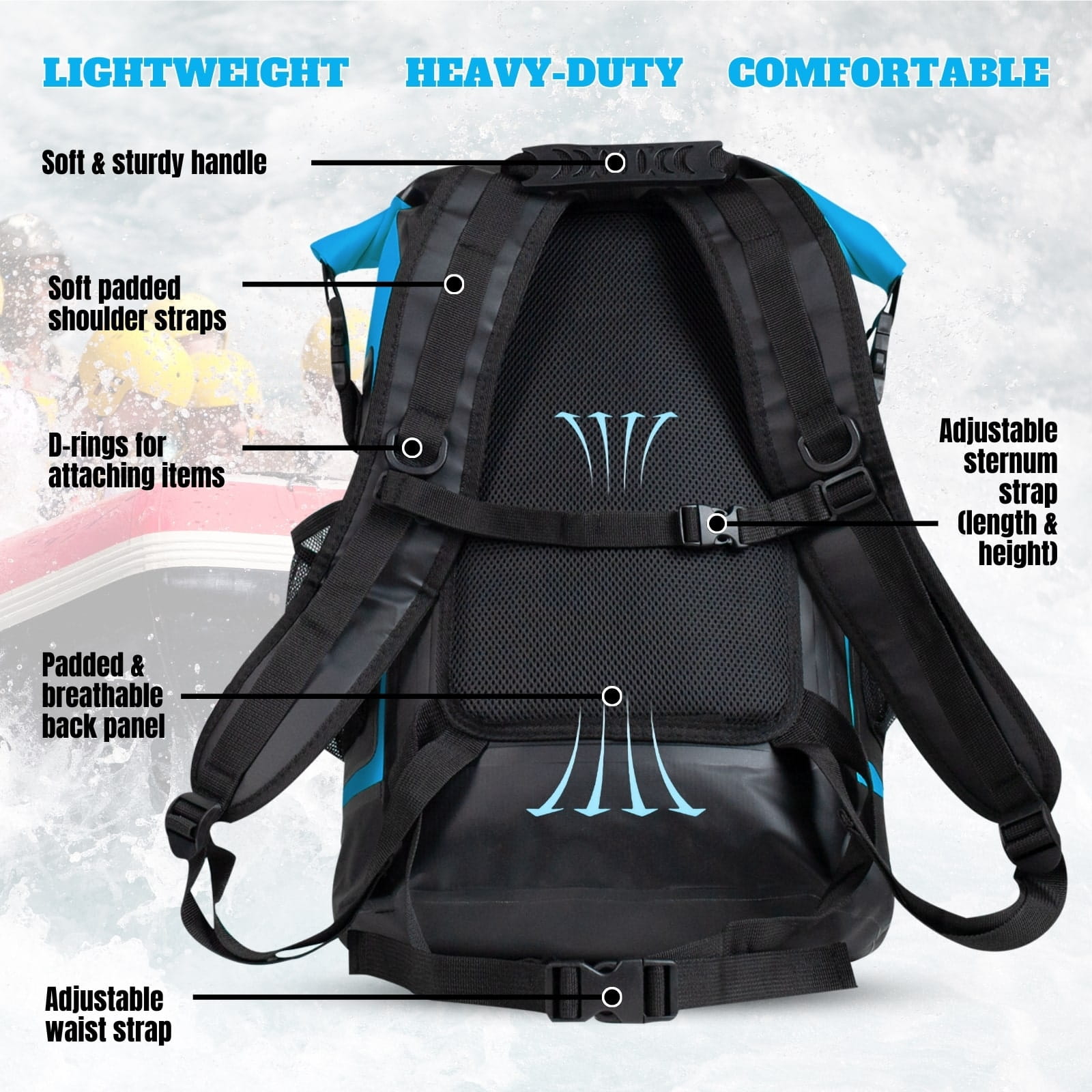 Blue Tactiko dry backpack padded back and straps