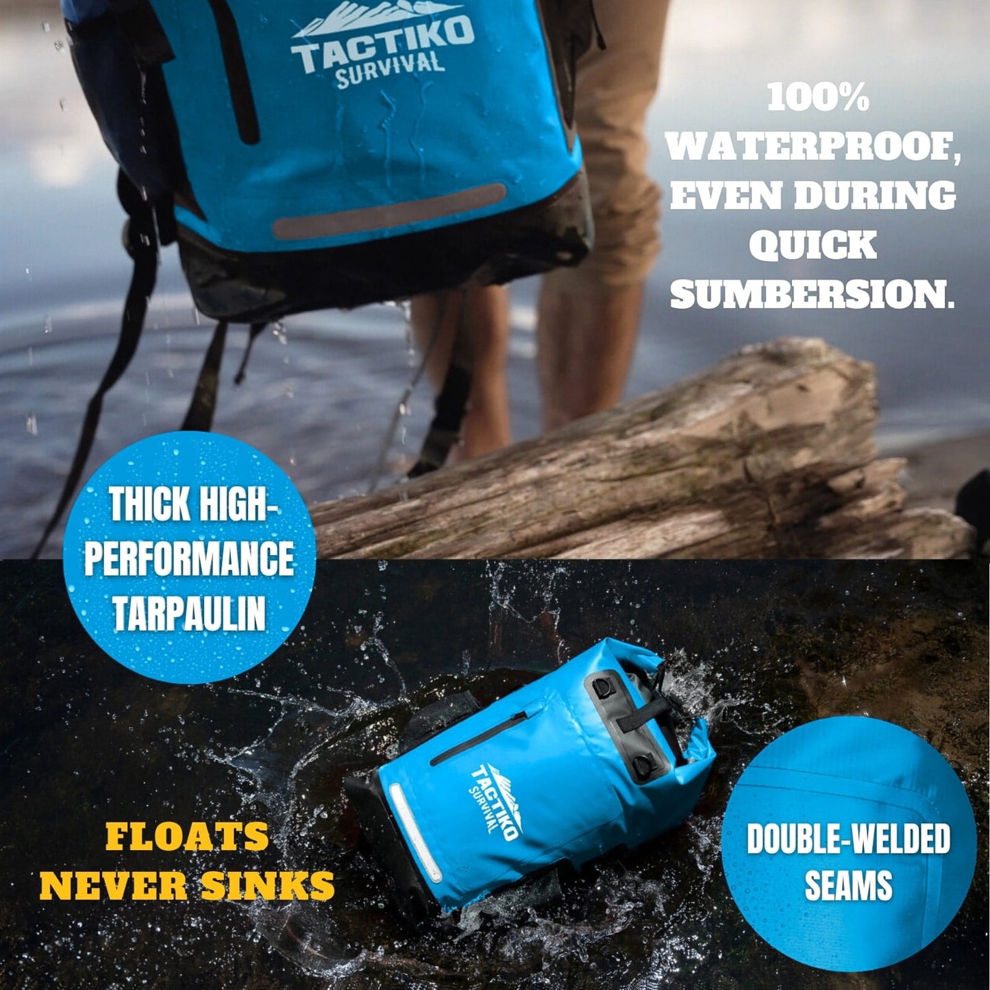 Blue Tactiko floating waterproof dry backpack in water