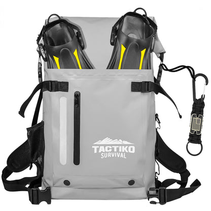 Gray Tactiko waterproof dry backpack with fins