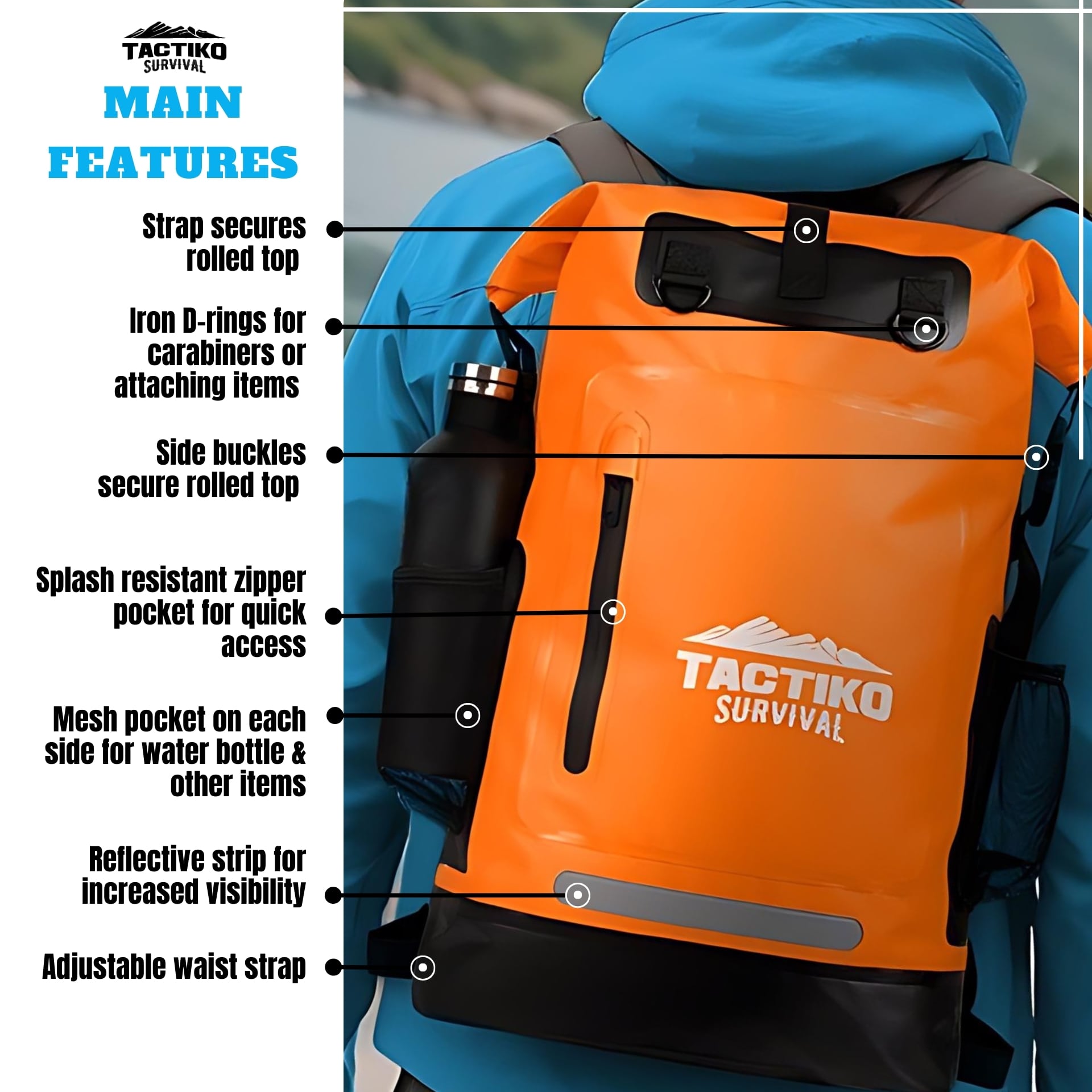 Orange Tactiko waterproof backpack feature guide