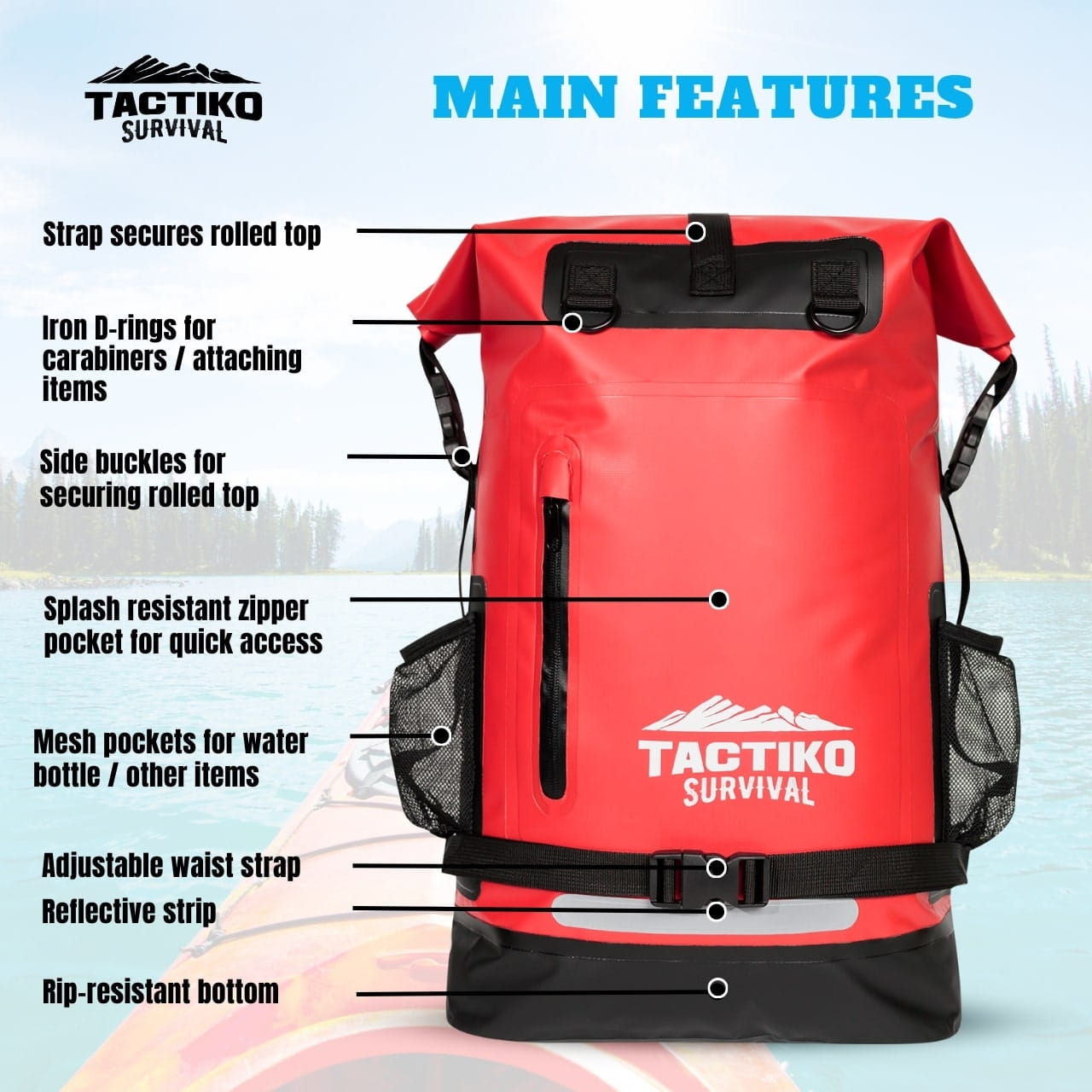 Red Tactiko dry backpack feature overview