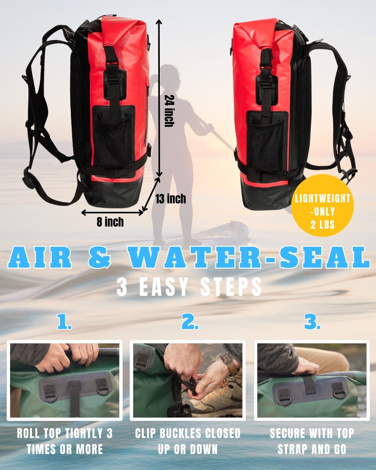 Red Tactiko dry backpack roll top sealing guide