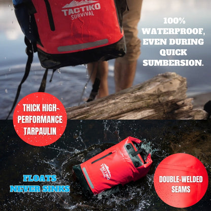 Red Tactiko floating waterproof dry backpack in water