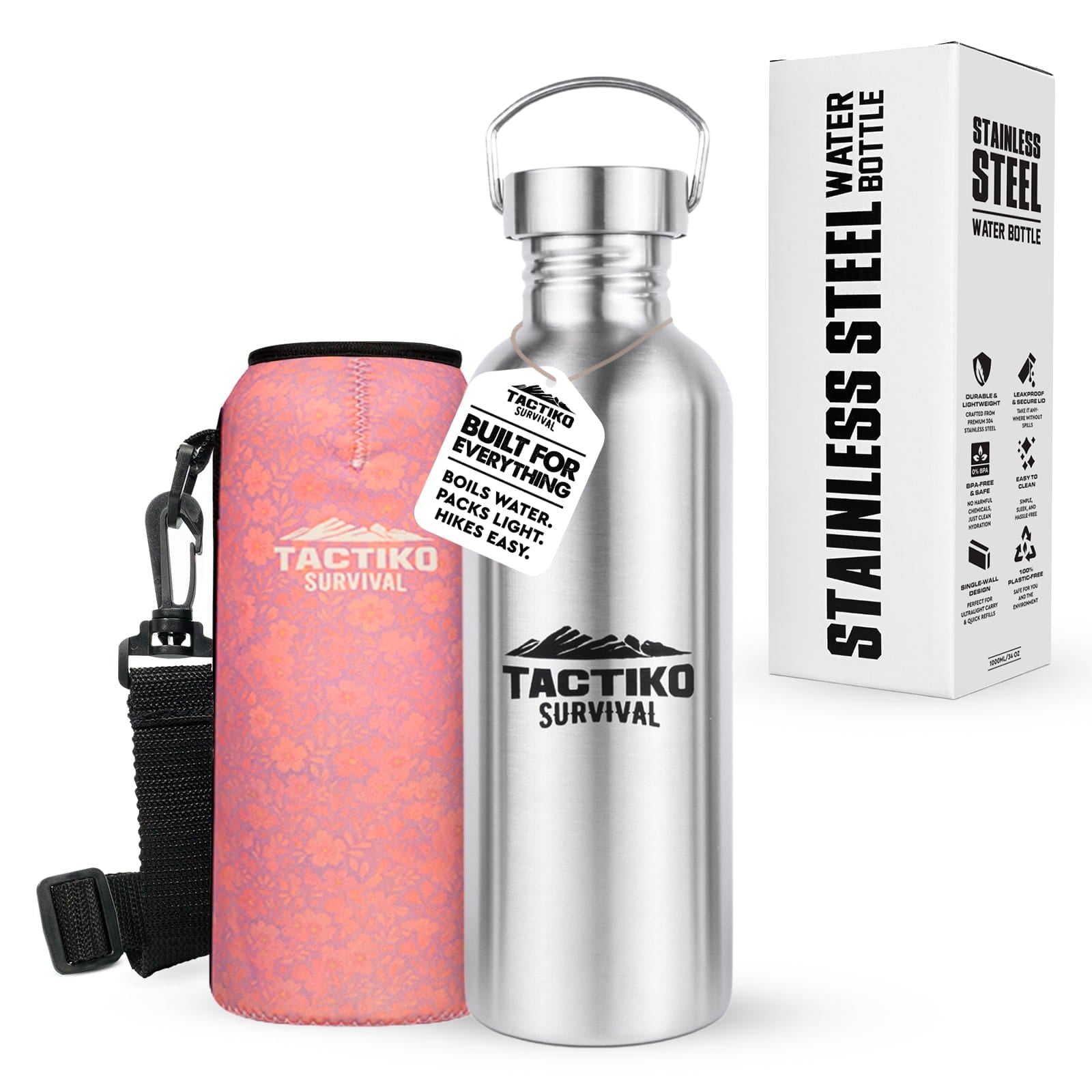 stainless steel bottle with pink sleeve and strap