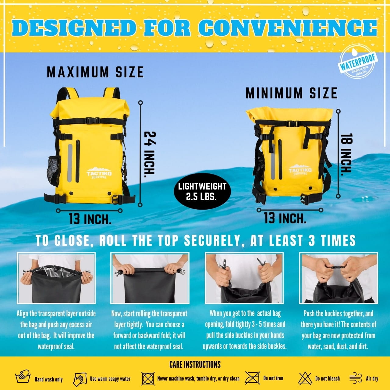 Yellow Tactiko dry bag size and roll top guide
