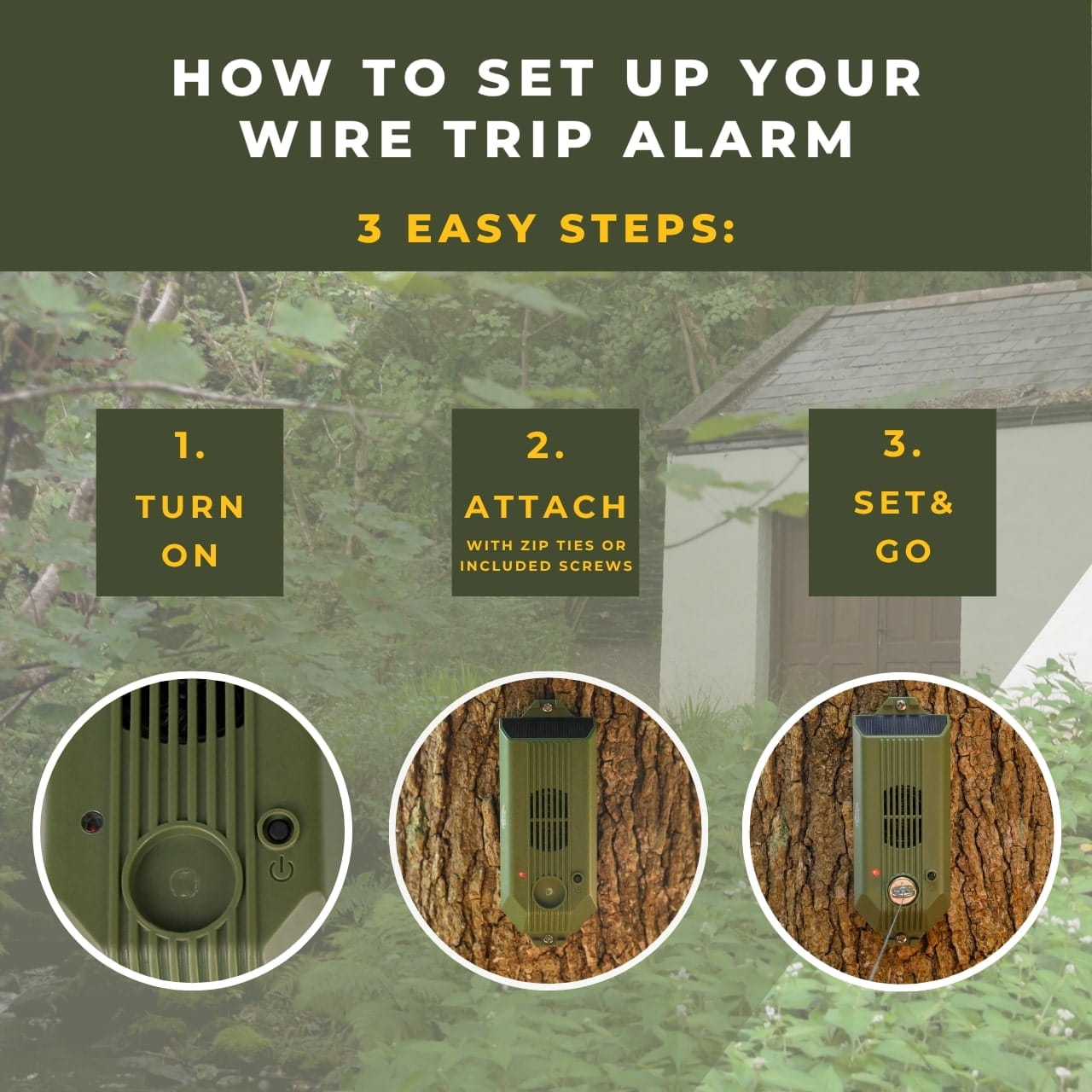 Trip wire alarm setup in three simple steps