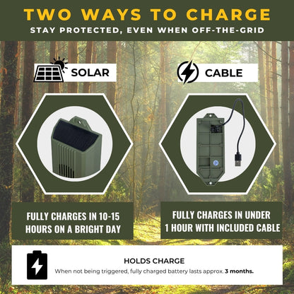 Trip wire alarm with solar and cable charging options