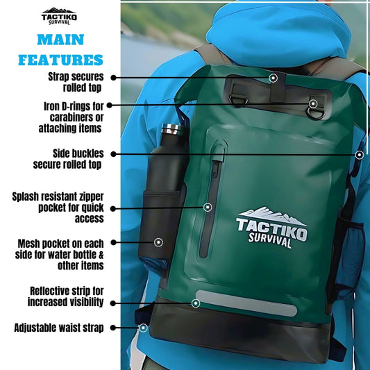 green waterproof dry bag backpack main features overview