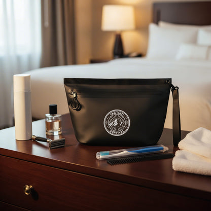 Waterproof toiletry pouch on bedside table