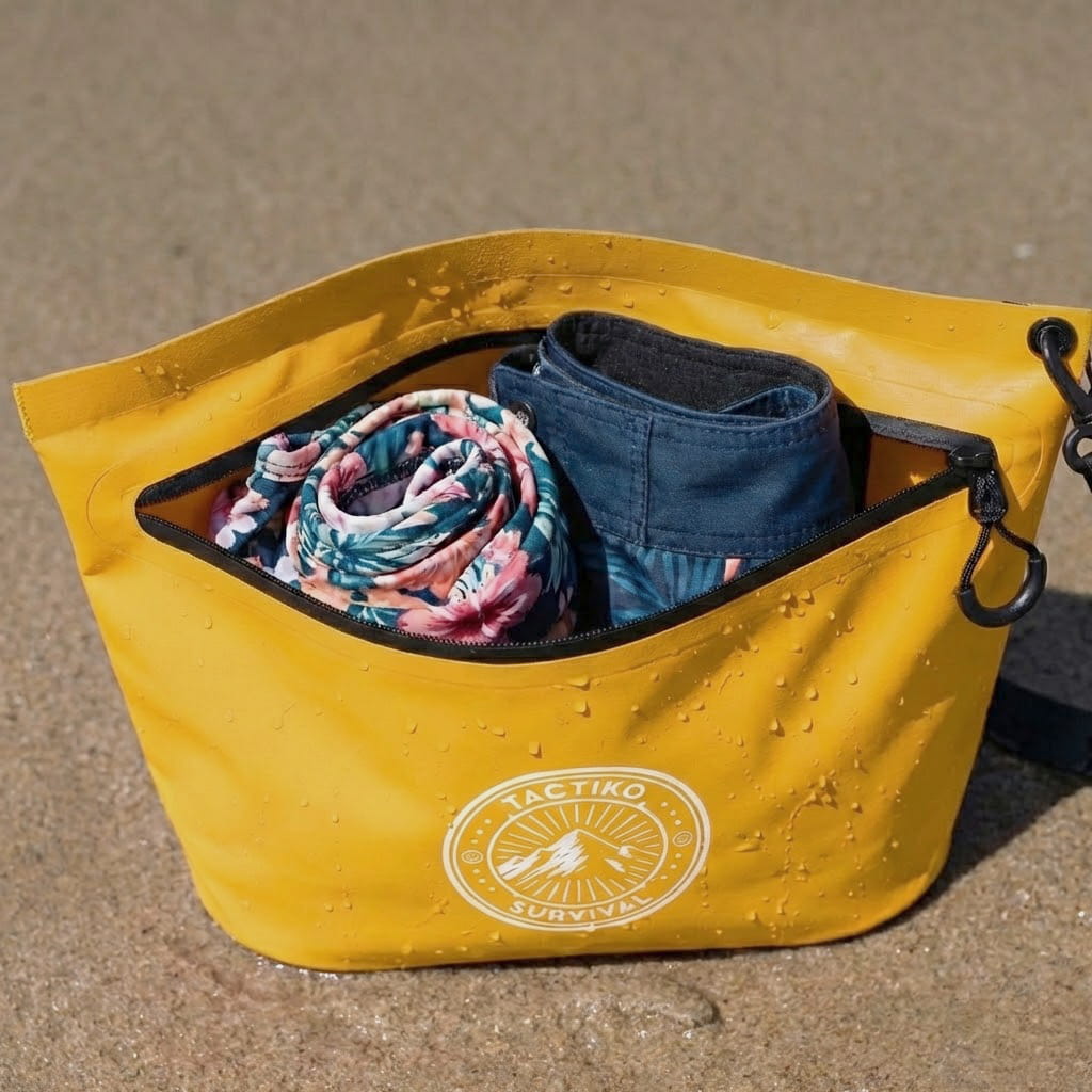 Yellow waterproof pouch with beachwear
