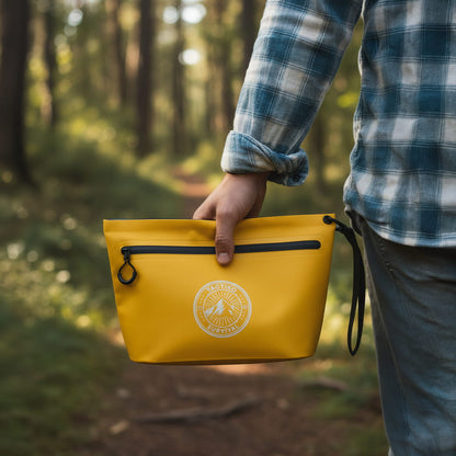 Yellow waterproof pouch outdoors